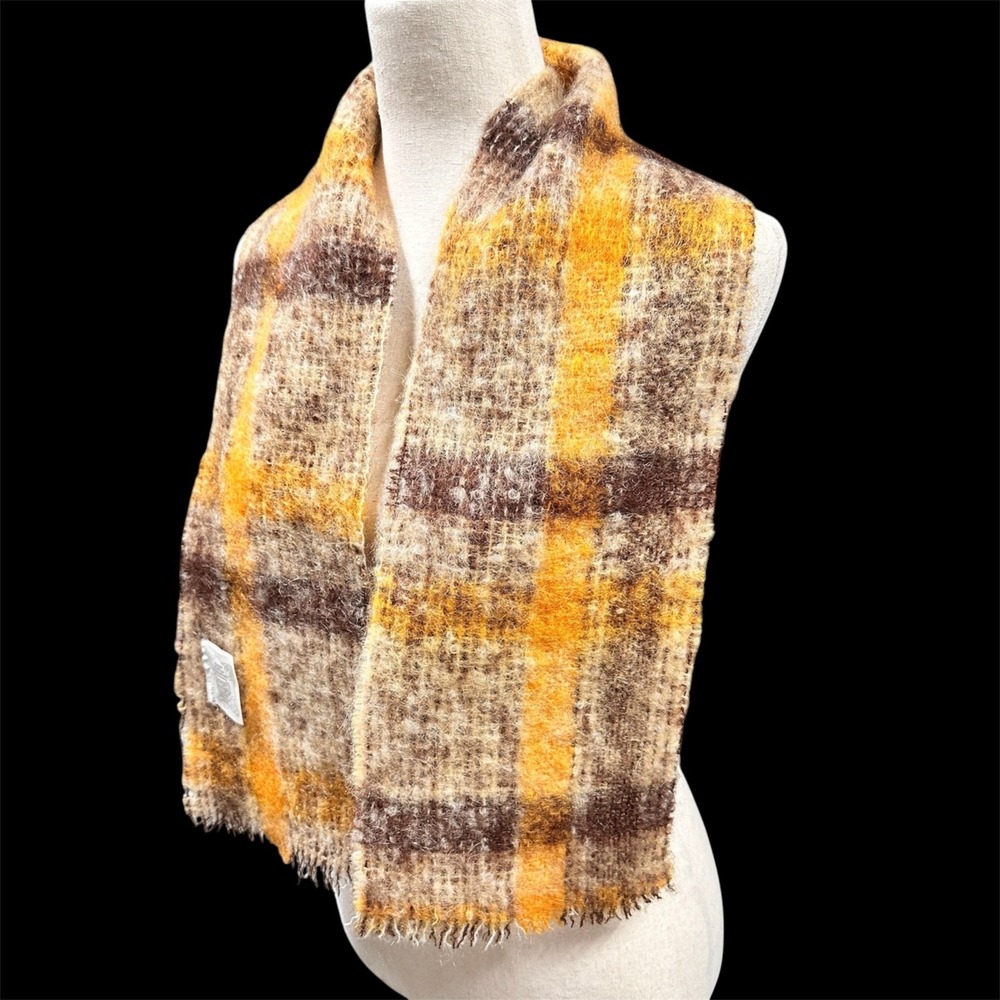 Vintage Donegal Design Mohair Wool Handwoven Scarf Orange Brown Plaid Ireland - Picture 4 of 11